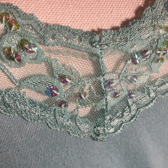 🩵🤍Vol.1 Lt Aqua Blue Stretchy Cotton Spandex Long Tank W/Lace & Sequins Sz XL - Picture 6 of 7
